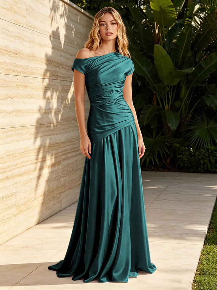 Satin Sheath Off the Shoulder Pleats Ruched Formal Dresses for Women