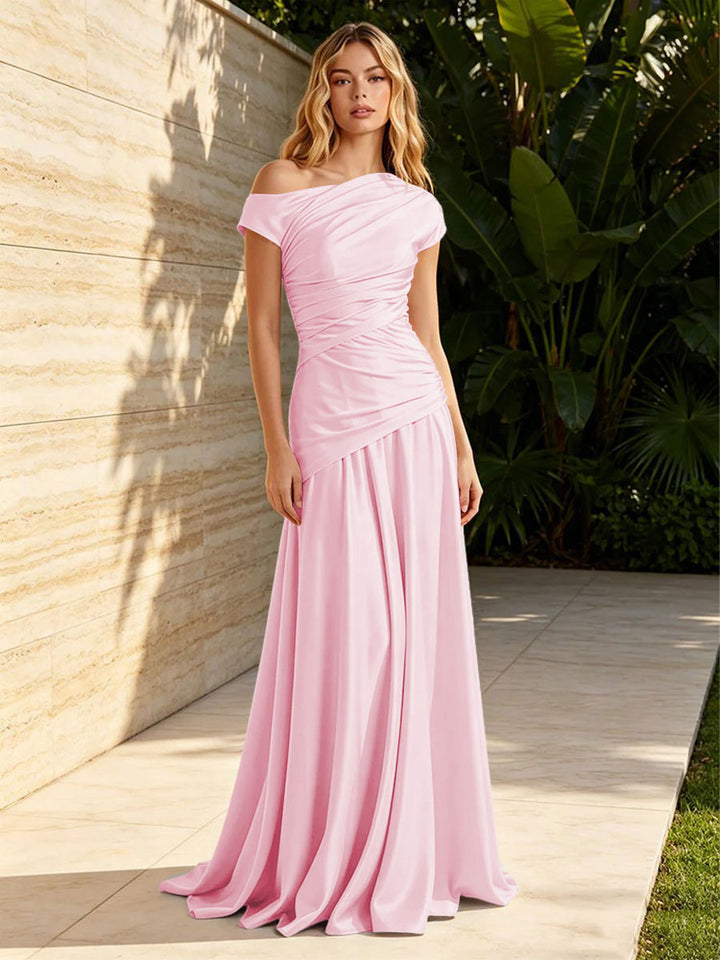 Satin Sheath Off the Shoulder Pleats Ruched Formal Dresses for Women