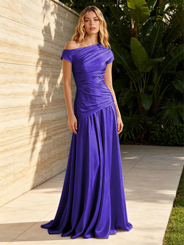 Satin Sheath Off the Shoulder Pleats Ruched Formal Dresses for Women