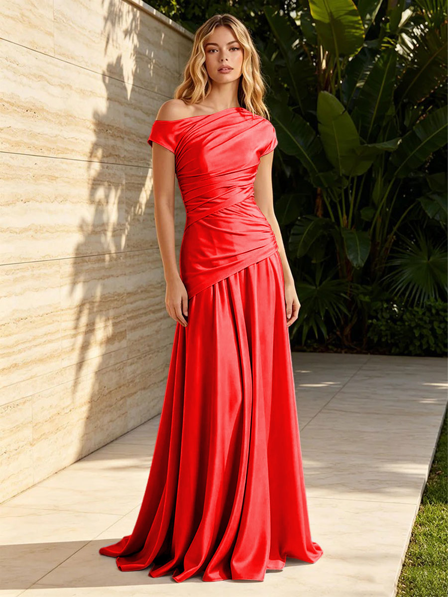 Satin Sheath Off the Shoulder Pleats Ruched Formal Dresses for Women