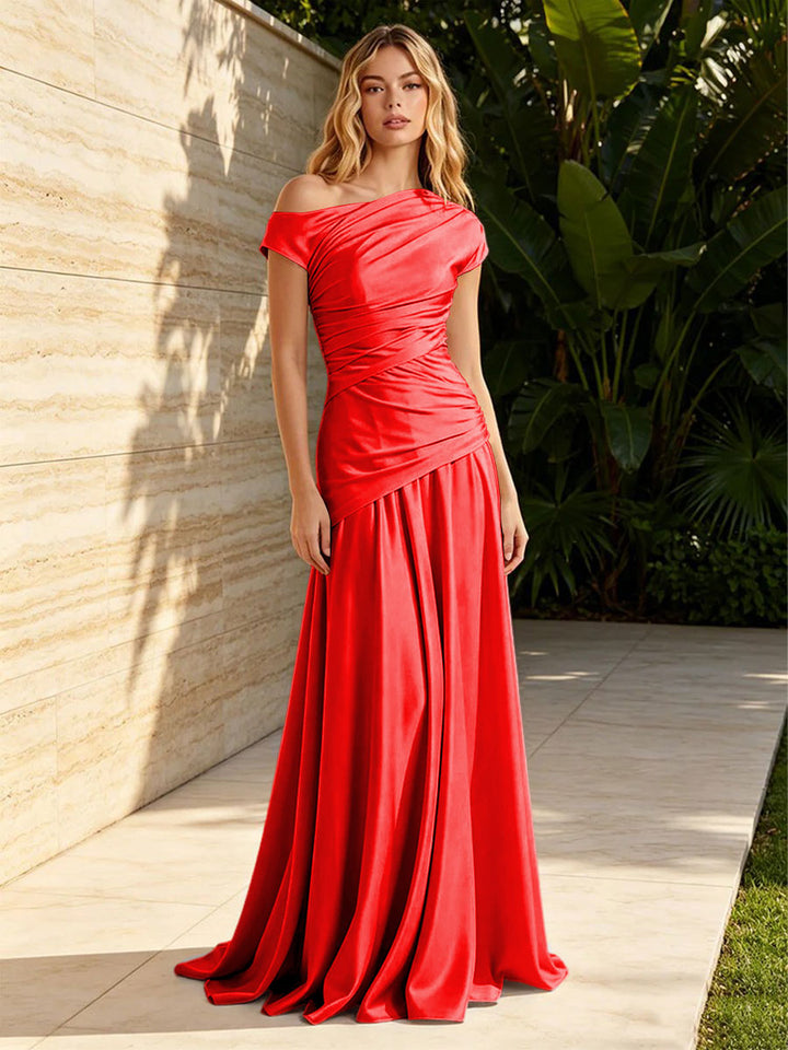 Satin Sheath Off the Shoulder Pleats Ruched Formal Dresses for Women