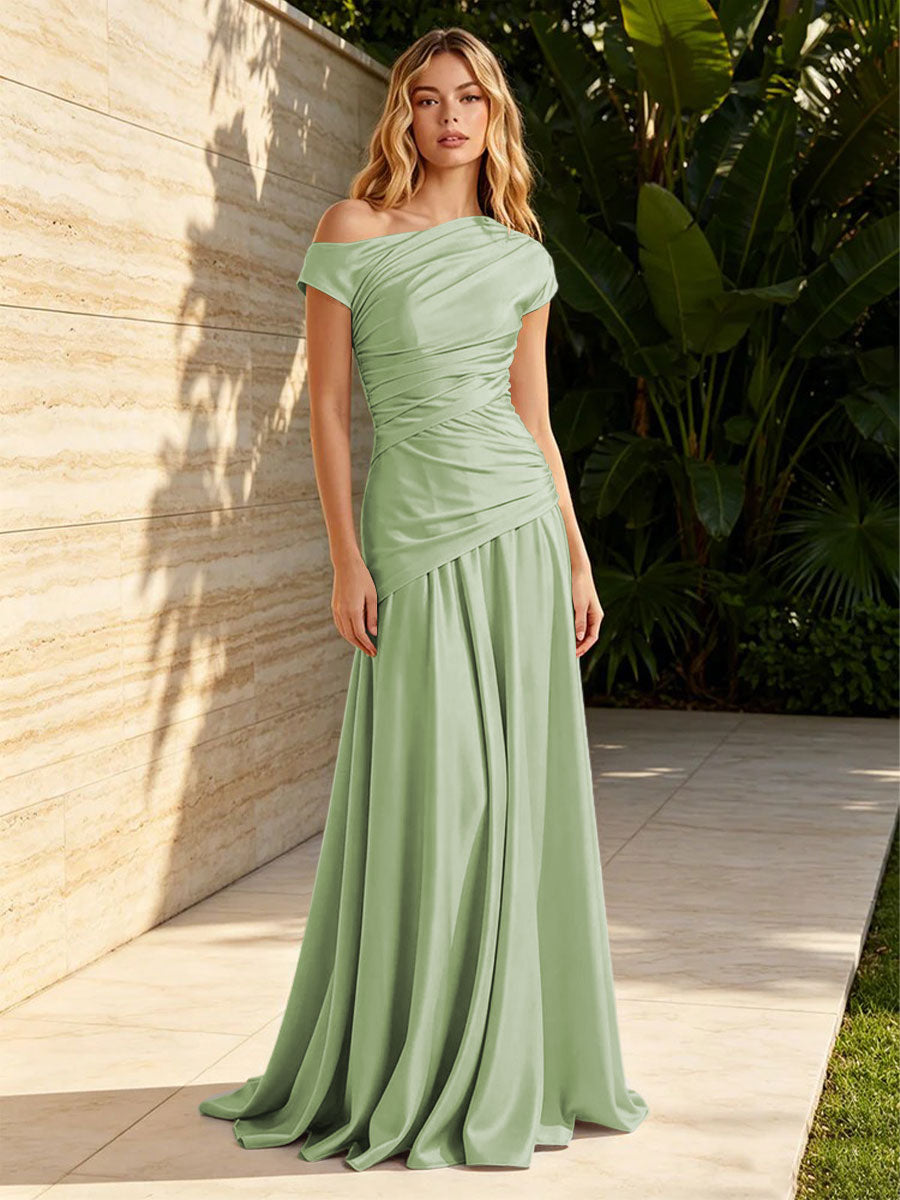 Satin Sheath Off the Shoulder Pleats Ruched Formal Dresses for Women