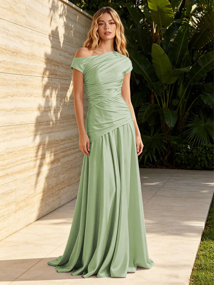 Satin Sheath Off the Shoulder Pleats Ruched Formal Dresses for Women