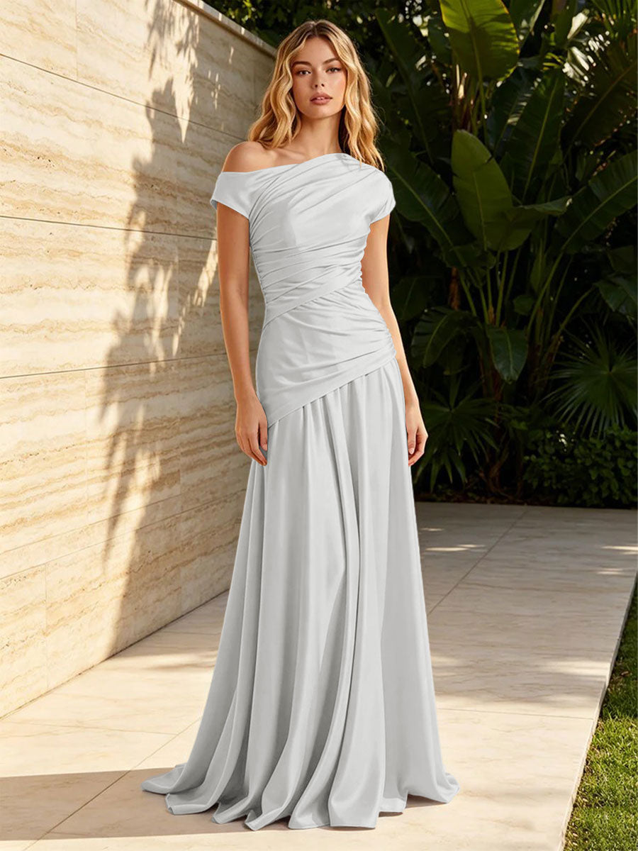 Satin Sheath Off the Shoulder Pleats Ruched Formal Dresses for Women
