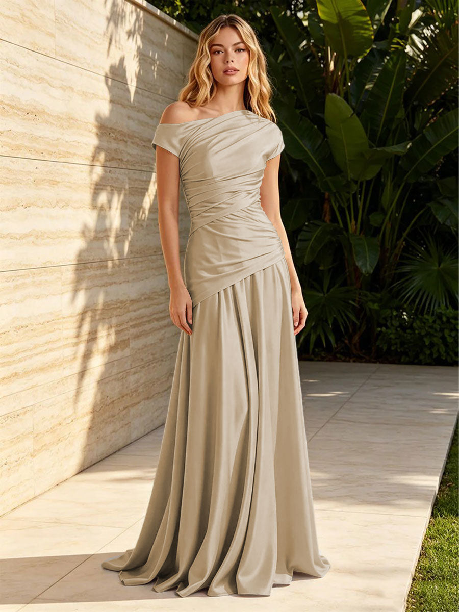 Satin Sheath Off the Shoulder Pleats Ruched Formal Dresses for Women