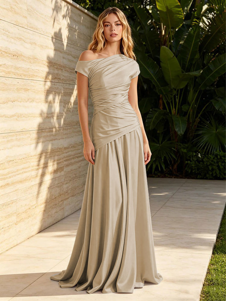 Satin Sheath Off the Shoulder Pleats Ruched Formal Dresses for Women