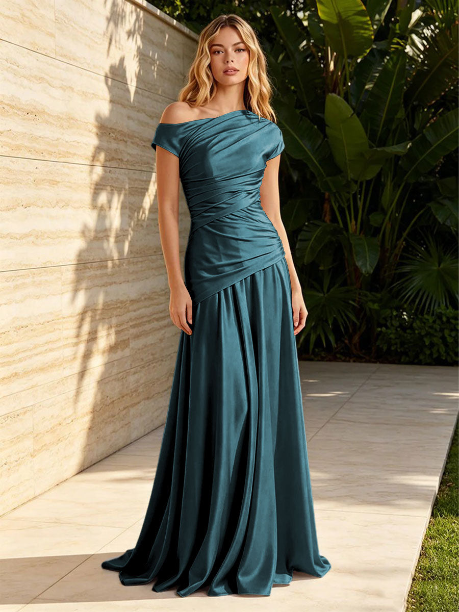 Satin Sheath Off the Shoulder Pleats Ruched Formal Dresses for Women