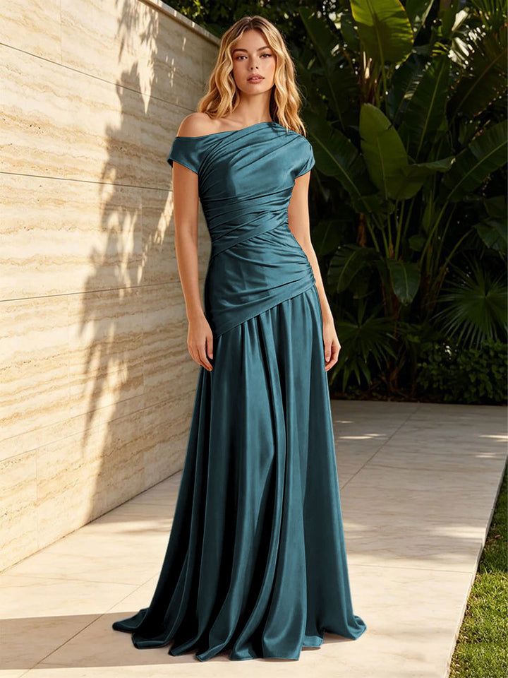 Satin Sheath Off the Shoulder Pleats Ruched Formal Dresses for Women