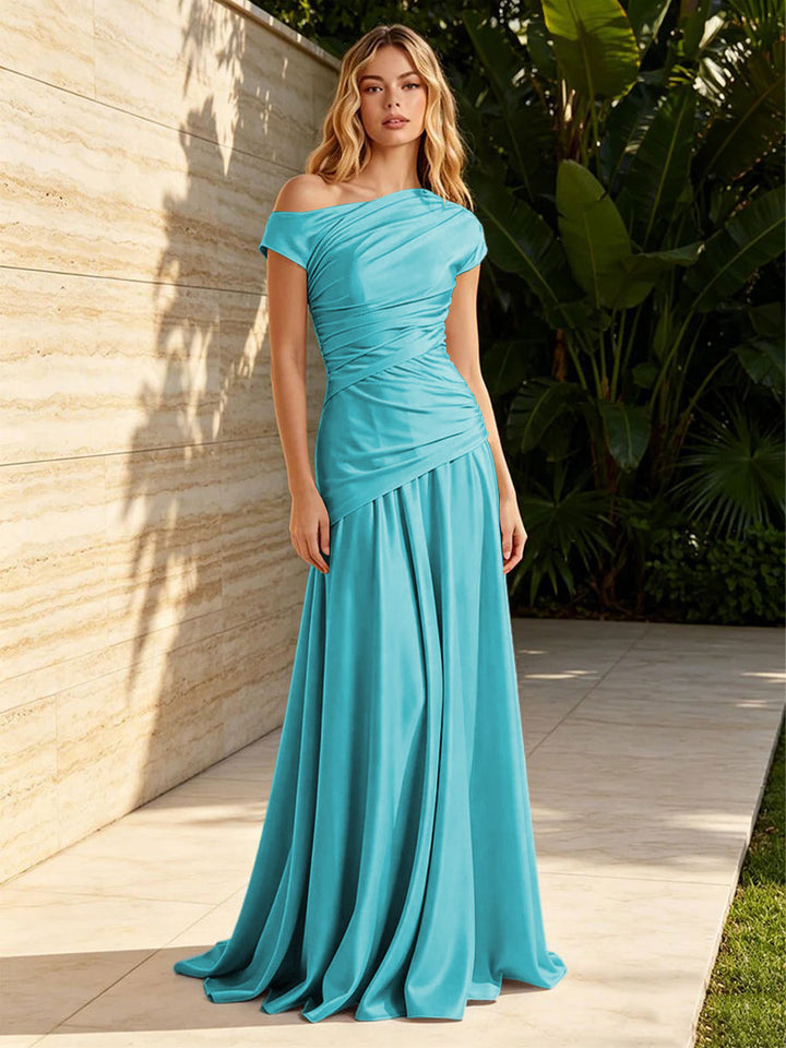 Satin Sheath Off the Shoulder Pleats Ruched Formal Dresses for Women