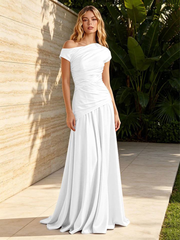 Satin Sheath Off the Shoulder Pleats Ruched Formal Dresses for Women