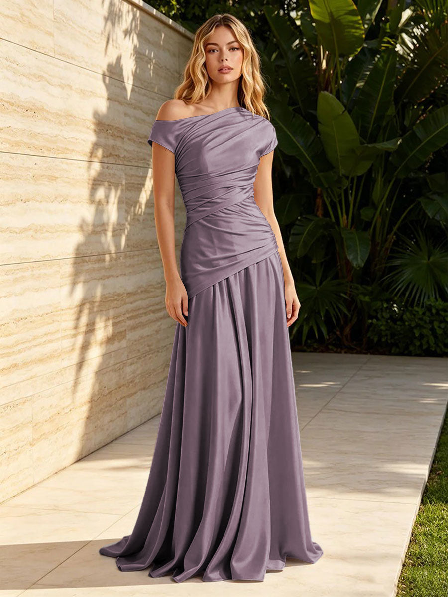 Satin Sheath Off the Shoulder Pleats Ruched Formal Dresses for Women