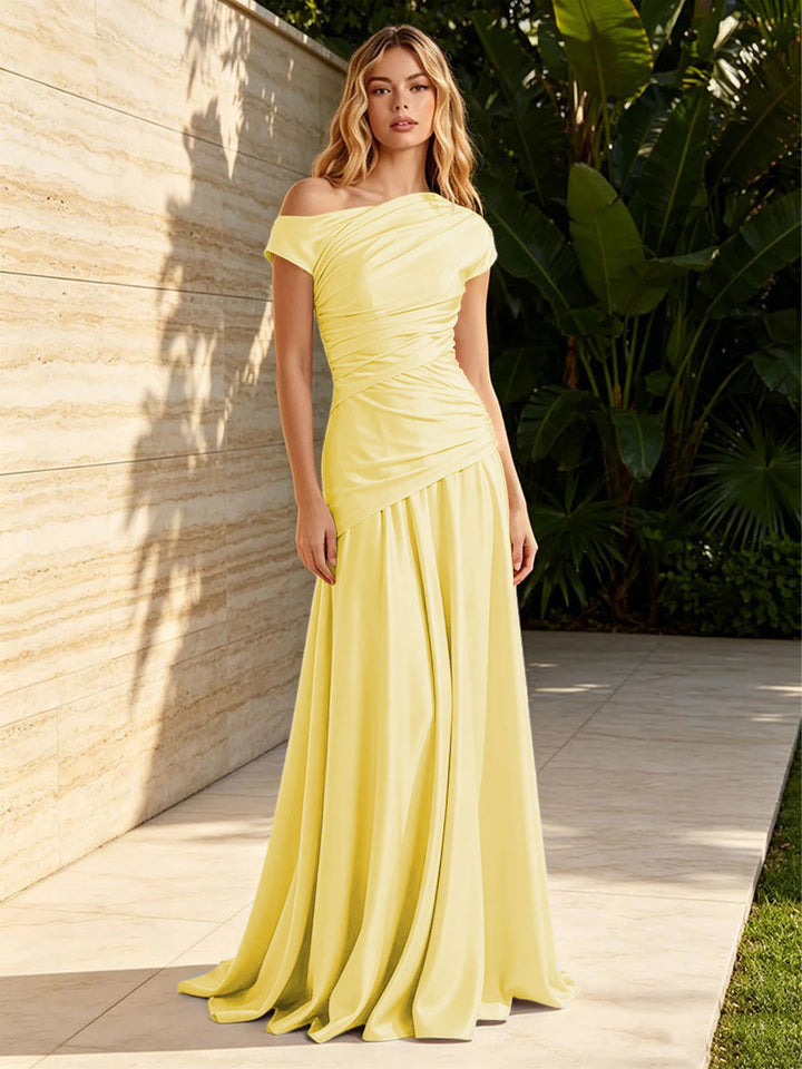 Satin Sheath Off the Shoulder Pleats Ruched Formal Dresses for Women