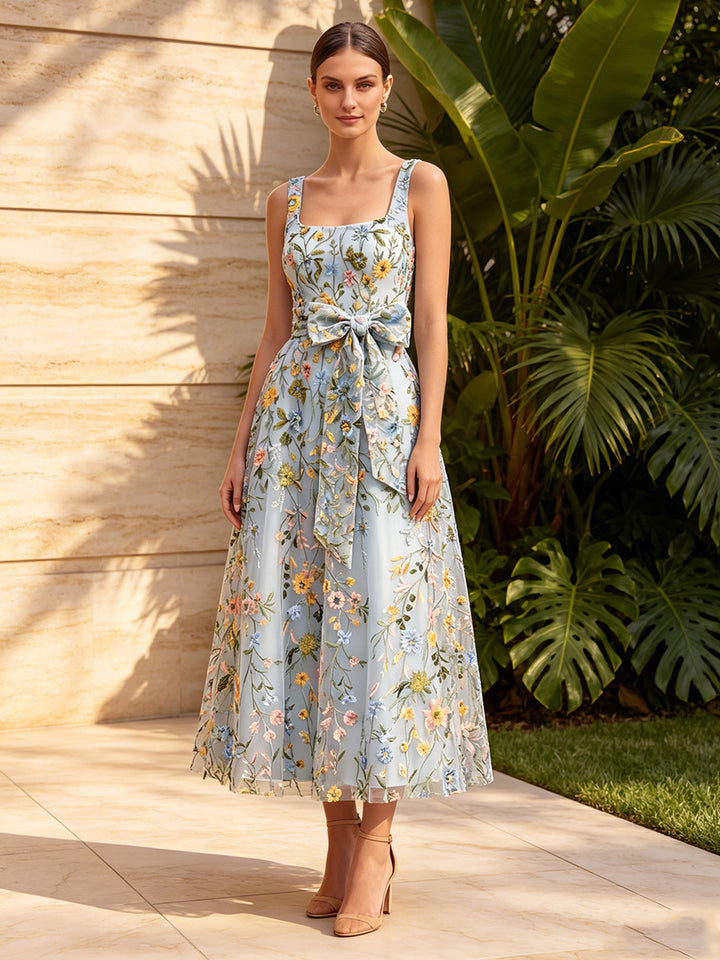 Tulle A Line Square Neck Ruched Floral Embroidery Formal Dresses with Bow