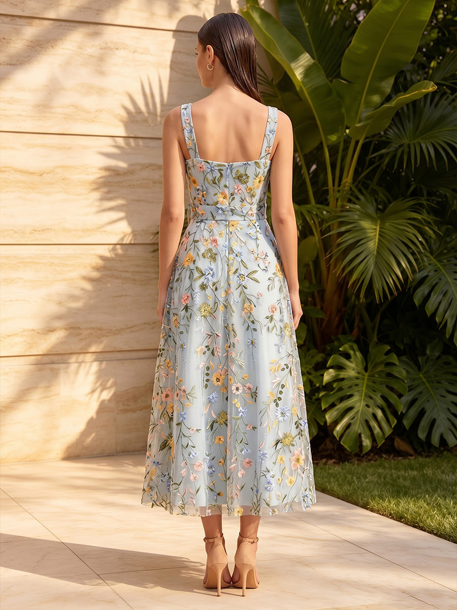 Tulle A Line Square Neck Ruched Floral Embroidery Formal Dresses with Bow