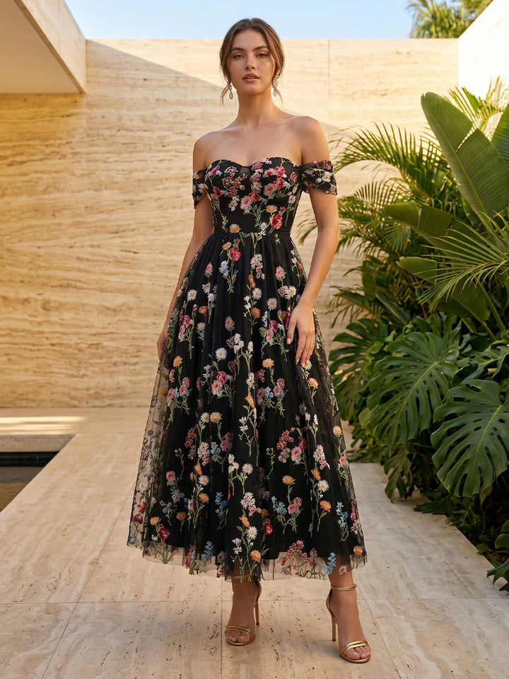 Tulle A Line Off the Shoulder Floral Embroidery Formal Dresses for Women