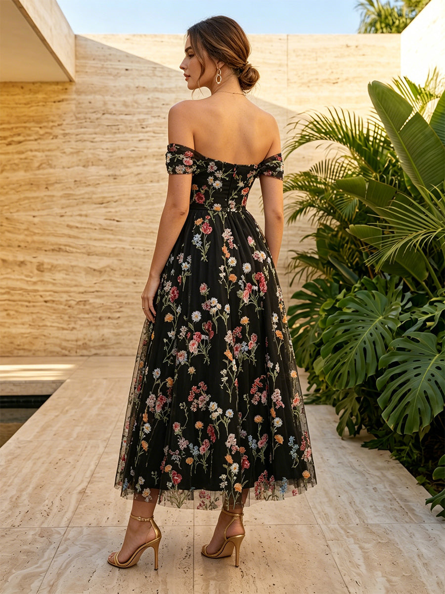 Tulle A Line Off the Shoulder Floral Embroidery Formal Dresses for Women