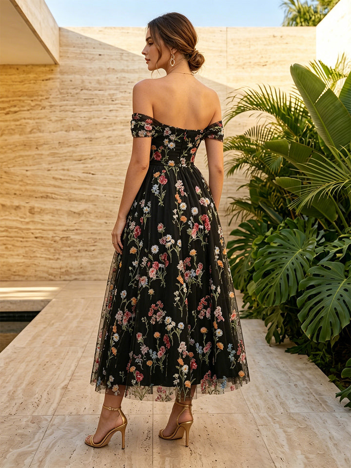 Tulle A Line Off the Shoulder Floral Embroidery Formal Dresses for Women