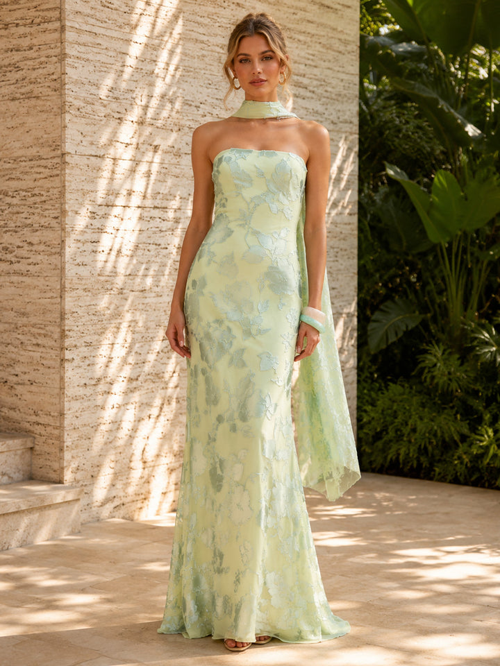 Tulle Mermaid Lace Appliques Strapless Formal Dresses with Scarf