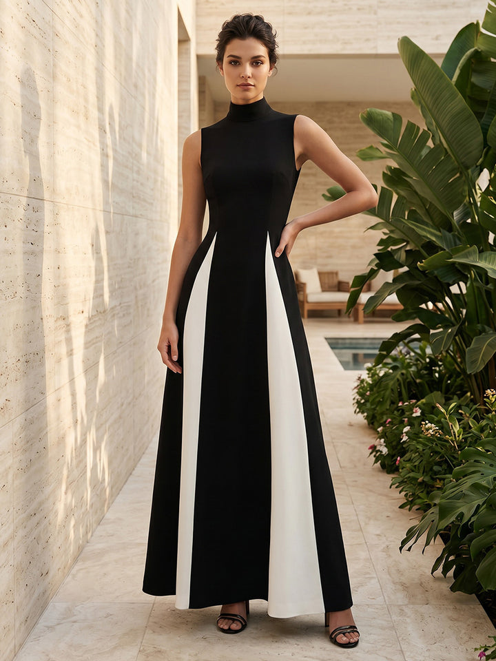 Satin A Line High Neck Ruched High Waist Formal Dresses for Women