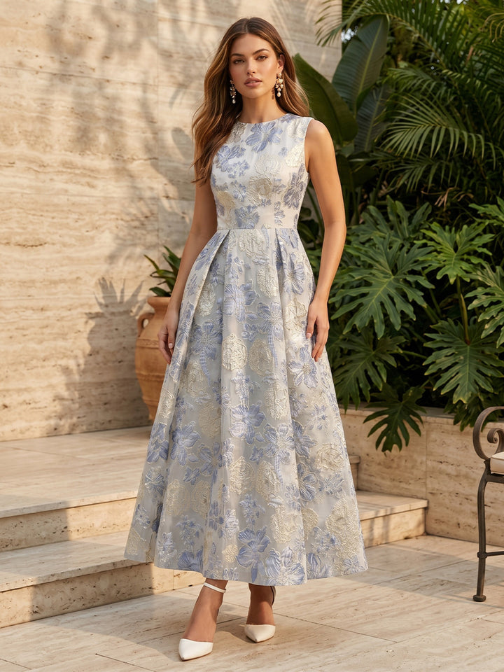 Jacquard A Line Scoop Neck Ruched High Waist Evening Dresses for Women