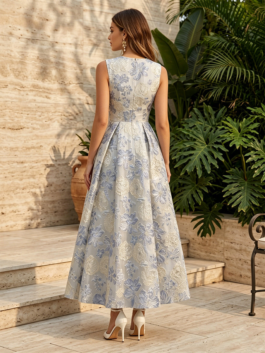 Jacquard A Line Scoop Neck Ruched High Waist Evening Dresses for Women