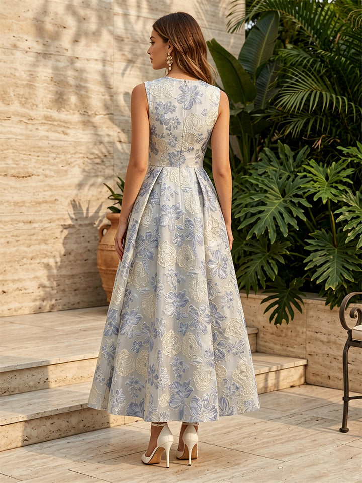 Jacquard A Line Scoop Neck Ruched High Waist Evening Dresses for Women