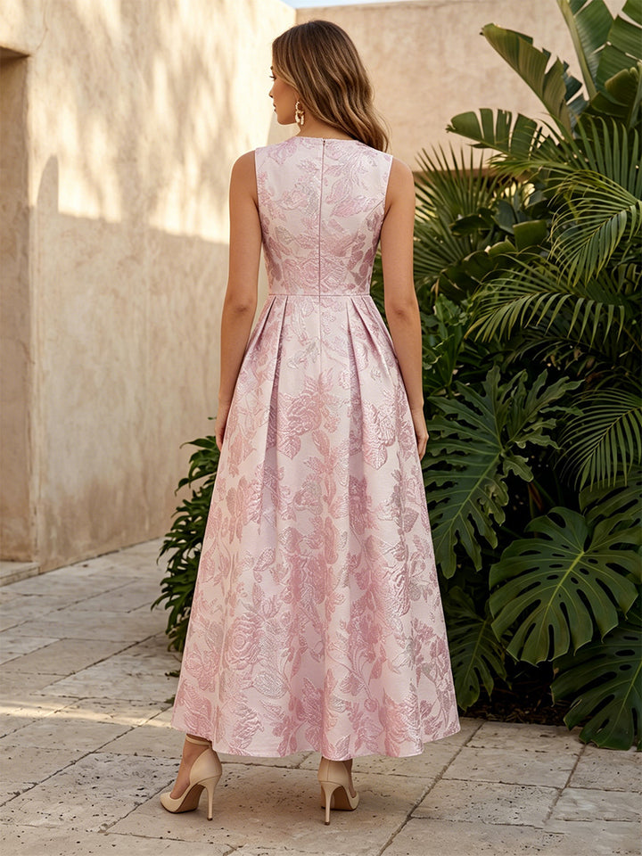 Jacquard A Line Scoop Neck Ruched Corset Evening Dresses with Pockets