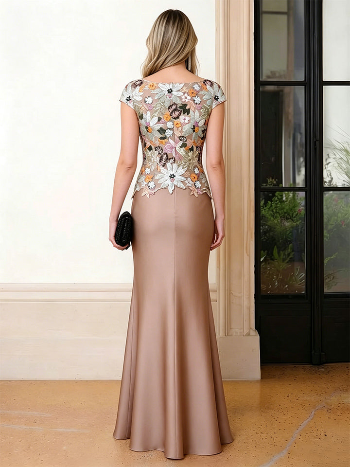Satin Mermaid Scoop Neck Floral Embroidery Corset Formal Dresses for Women