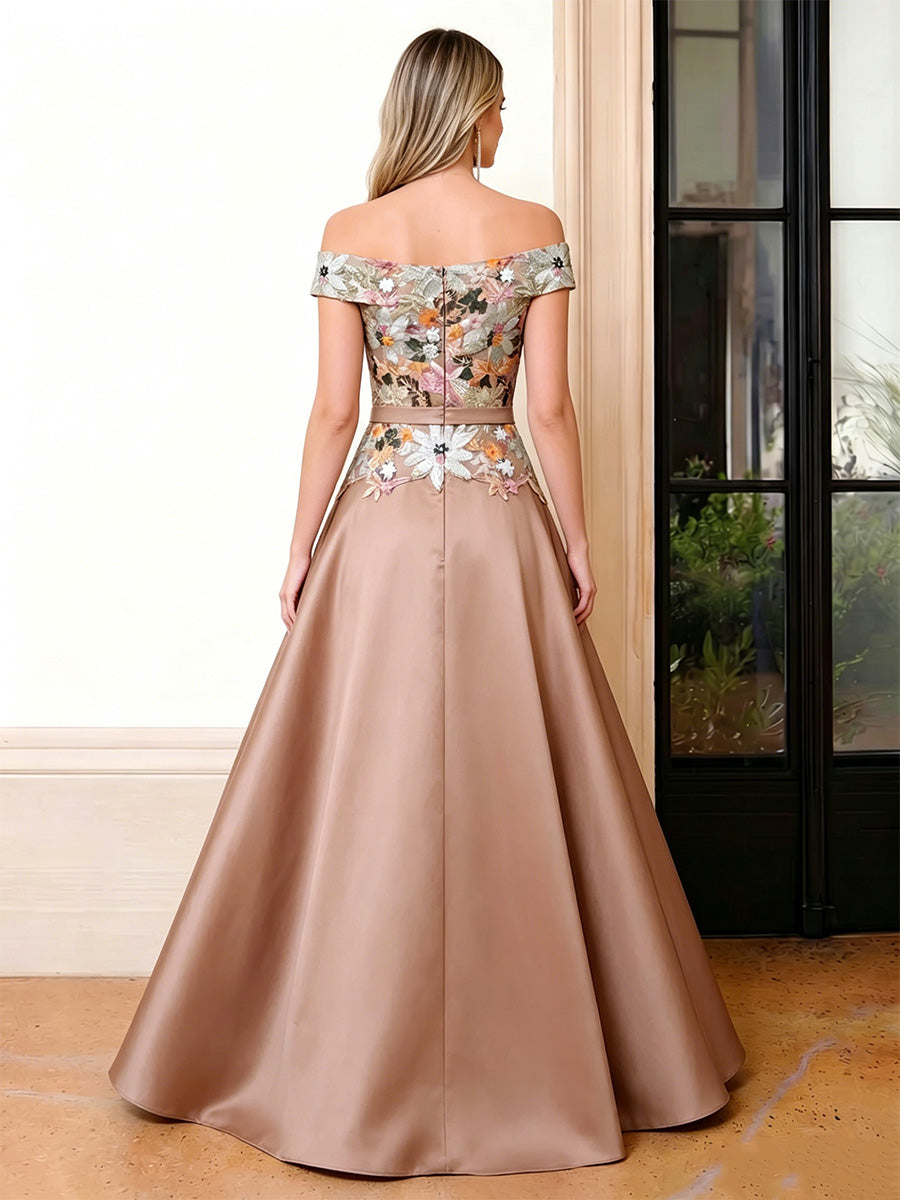 Satin A Line Off the Shoulder Ruched Floral Embroidery Formal Dresses