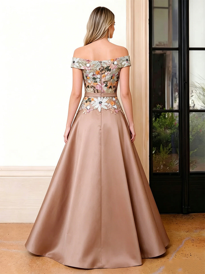 Satin A Line Off the Shoulder Ruched Floral Embroidery Formal Dresses
