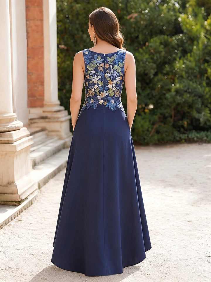 Satin A Line V Neck Floral Embroidery Floral Formal Dresses with Pockets