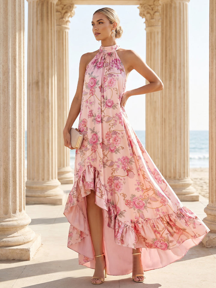 Chiffon A Line High Neck Floral Print Ruffles Formal Dresses