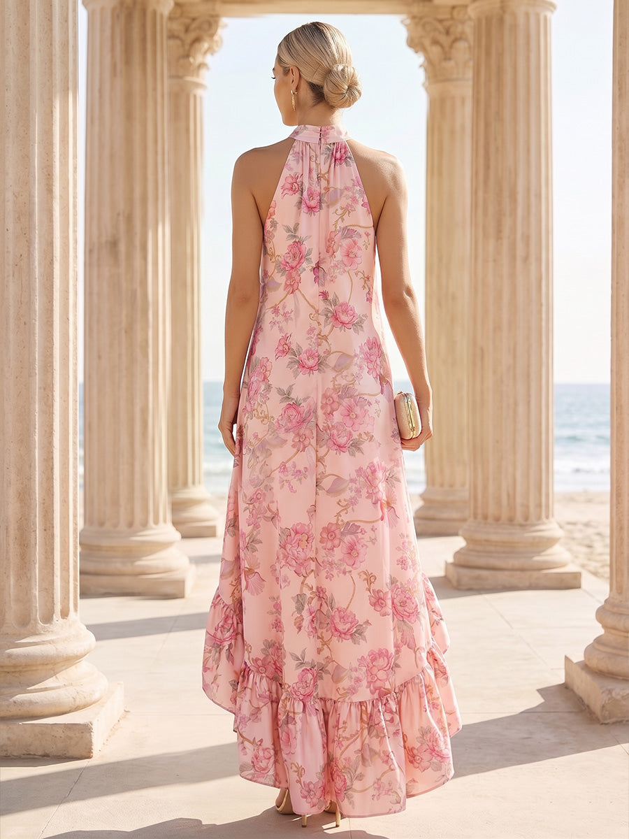 Chiffon A Line High Neck Floral Print Ruffles Formal Dresses