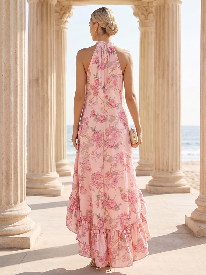 Chiffon A Line High Neck Floral Print Ruffles Formal Dresses