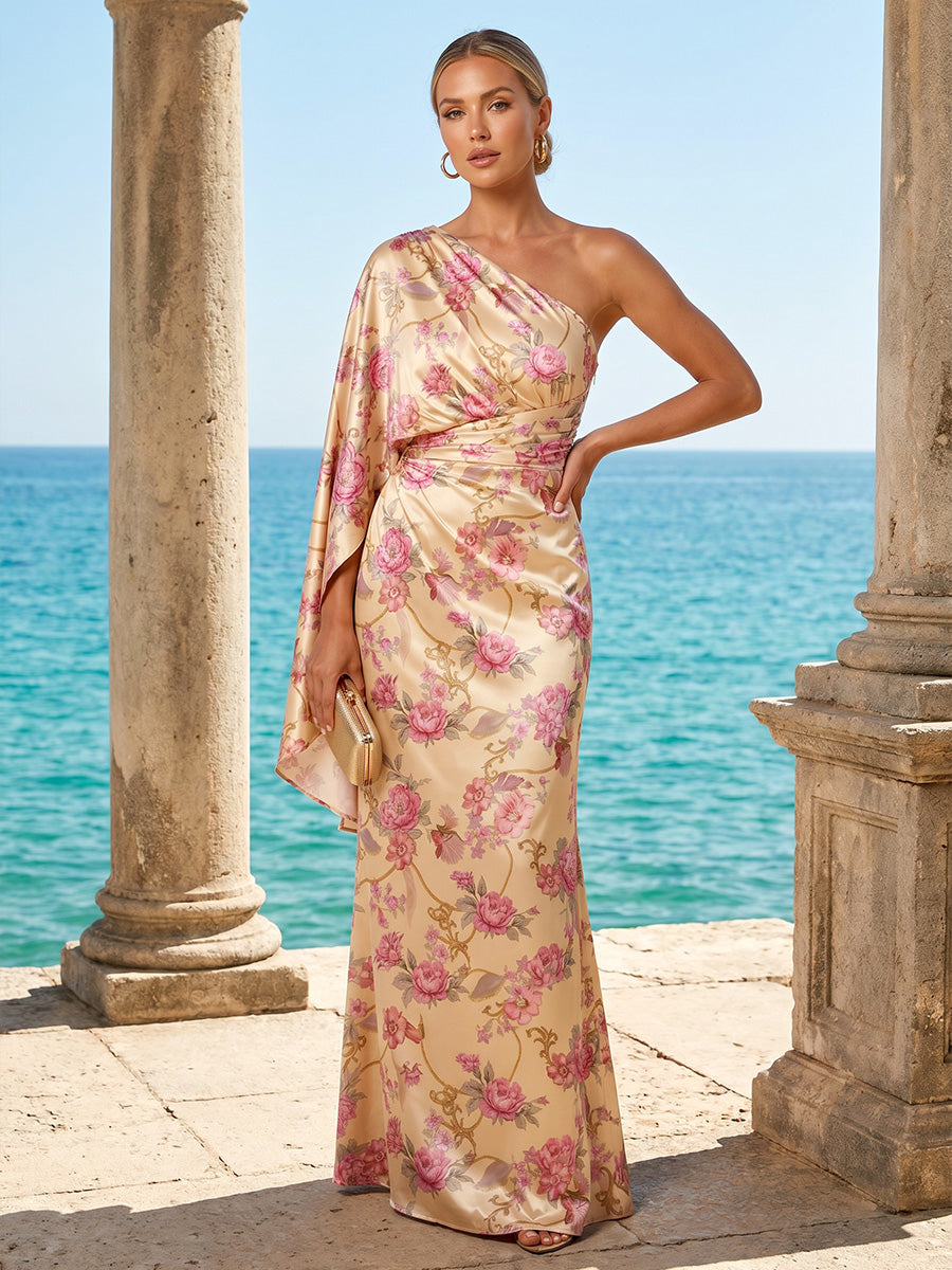Satin Mermaid One Shoulder Ruched Floral Print Formal Dresses for Women