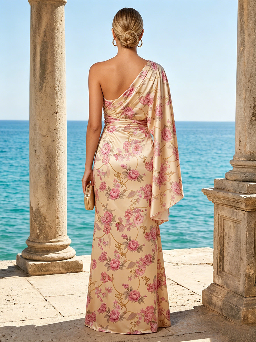 Satin Mermaid One Shoulder Ruched Floral Print Formal Dresses for Women