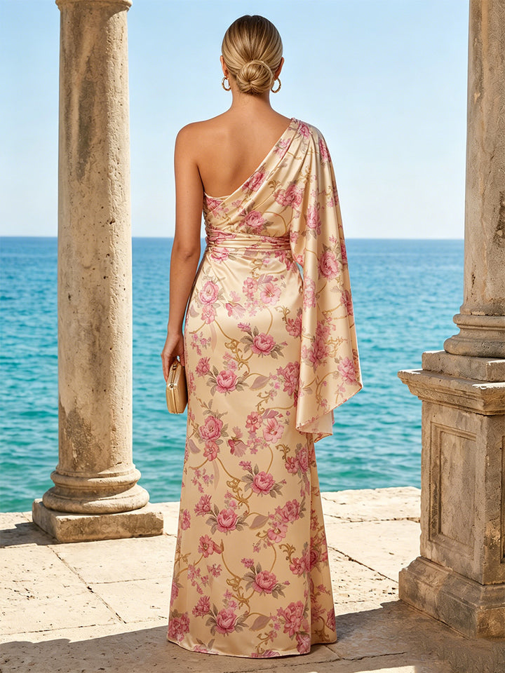 Satin Mermaid One Shoulder Ruched Floral Print Formal Dresses for Women