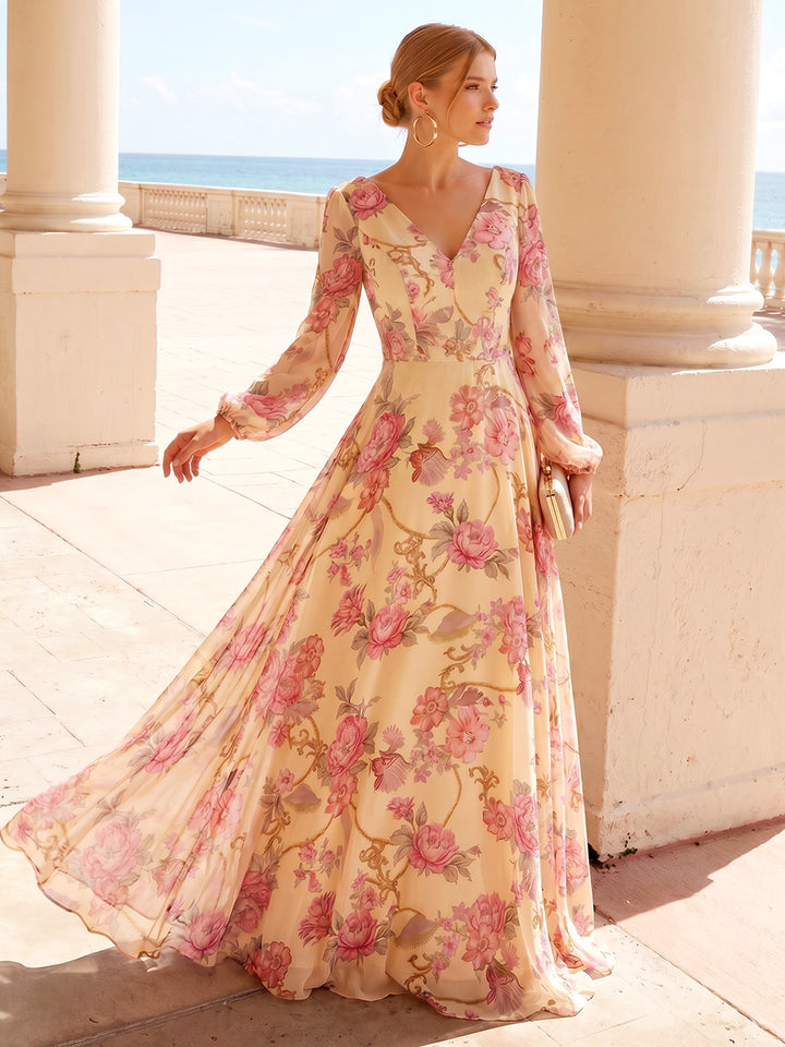 Chiffon A Line V Neck Floral Print Pleats Formal Dresses