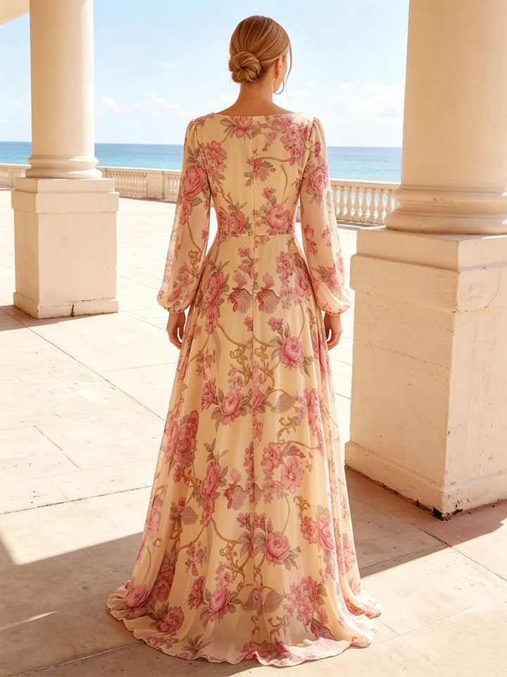 Chiffon A Line V Neck Floral Print Pleats Formal Dresses