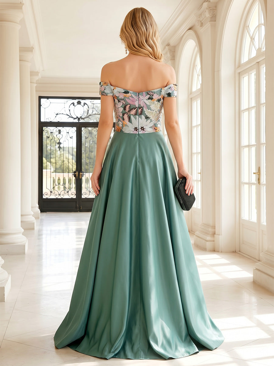 Satin A Line Off the Shoulder Pleats Floral Embroidery Formal Dresses for Women