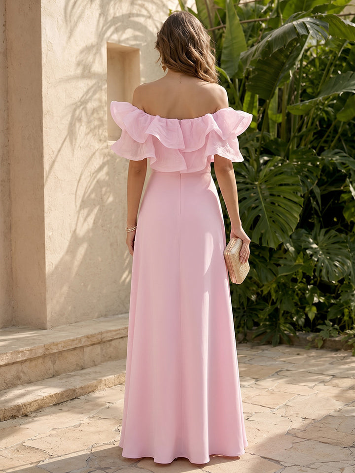 Stretch Mesh A Line Off the Shoulder Ruffles Formal Dresses