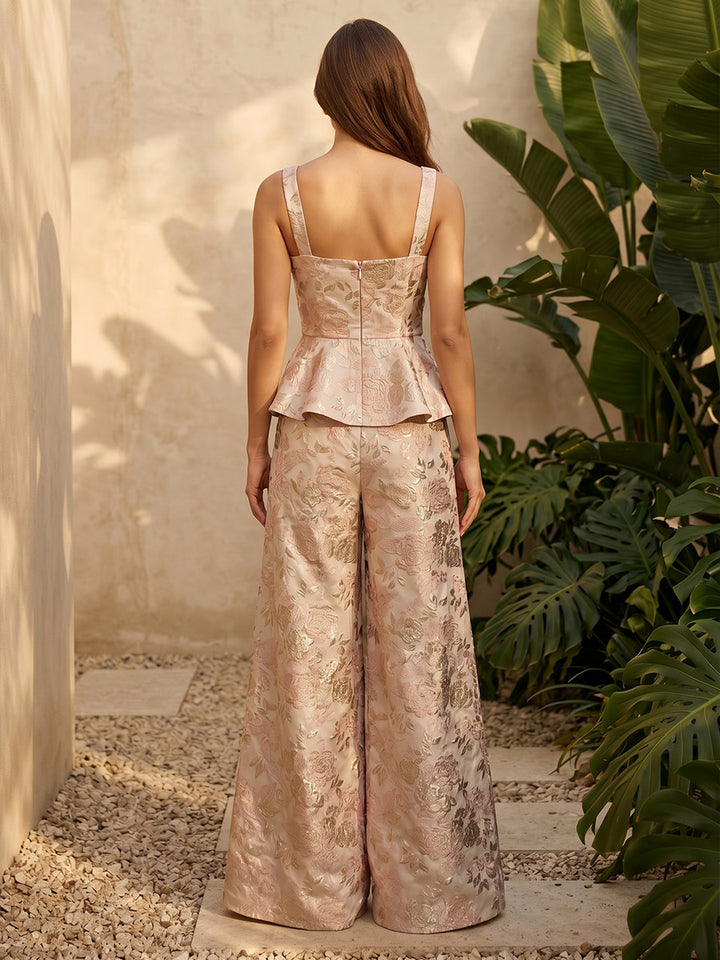Jacquard A Line Square Neck Ruffles Formal Pantsuits