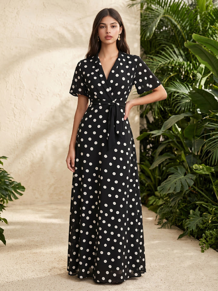 Chiffon A Line V Neck Polka Dot High Waist Formal Dresses for Women
