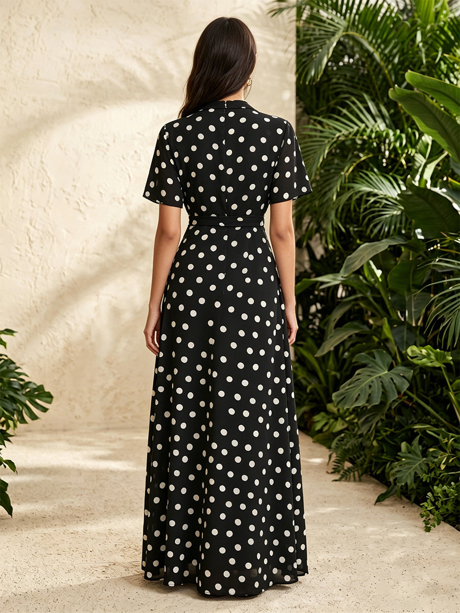 Chiffon A Line V Neck Polka Dot High Waist Formal Dresses for Women