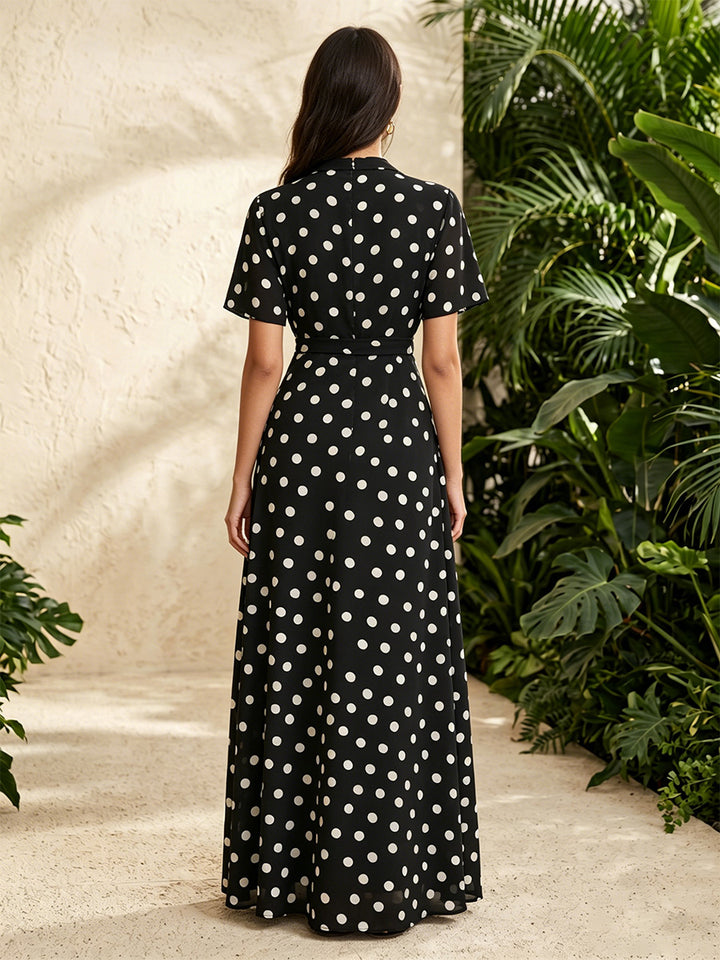 Chiffon A Line V Neck Polka Dot High Waist Formal Dresses for Women