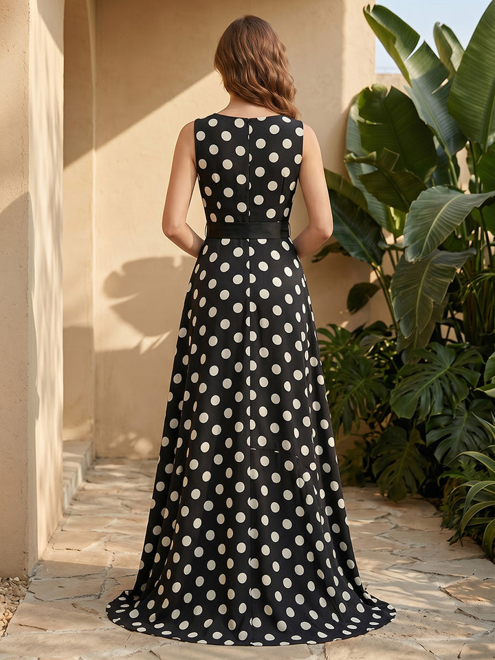 Satin A Line V Neck Polka Dot with Bow Straps Formal Dresses