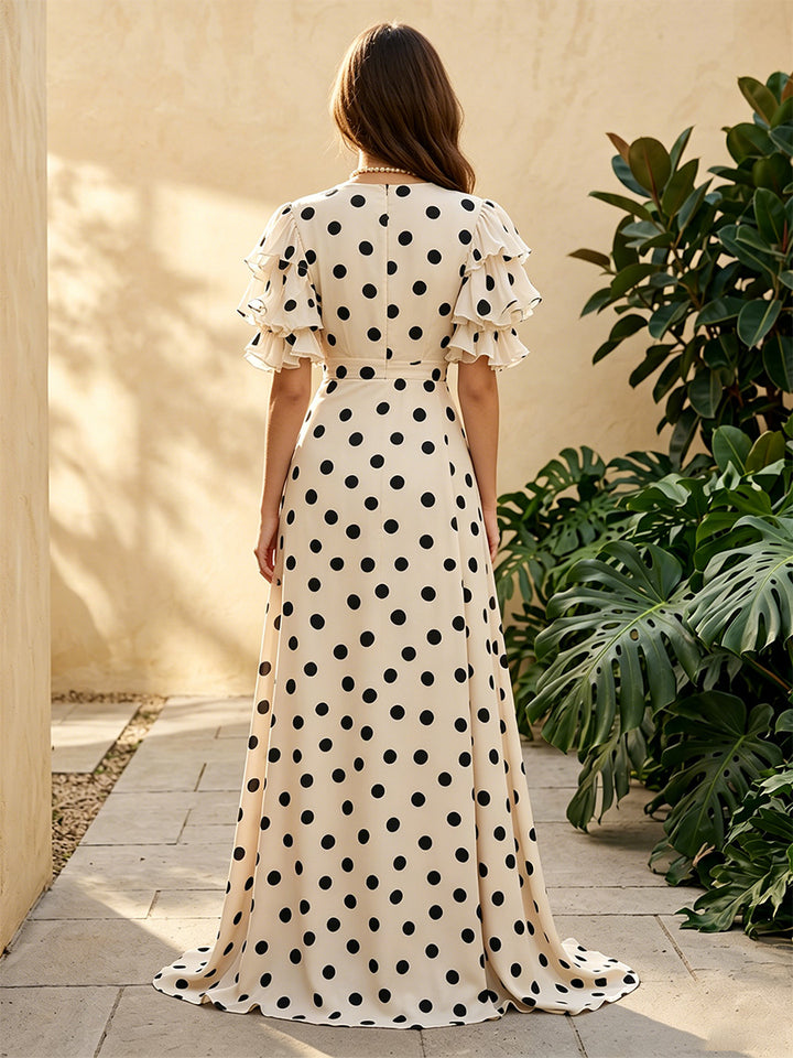 Satin A Line V Neck Ruffles Fitted Waist Formal Dresses with Polka Dots