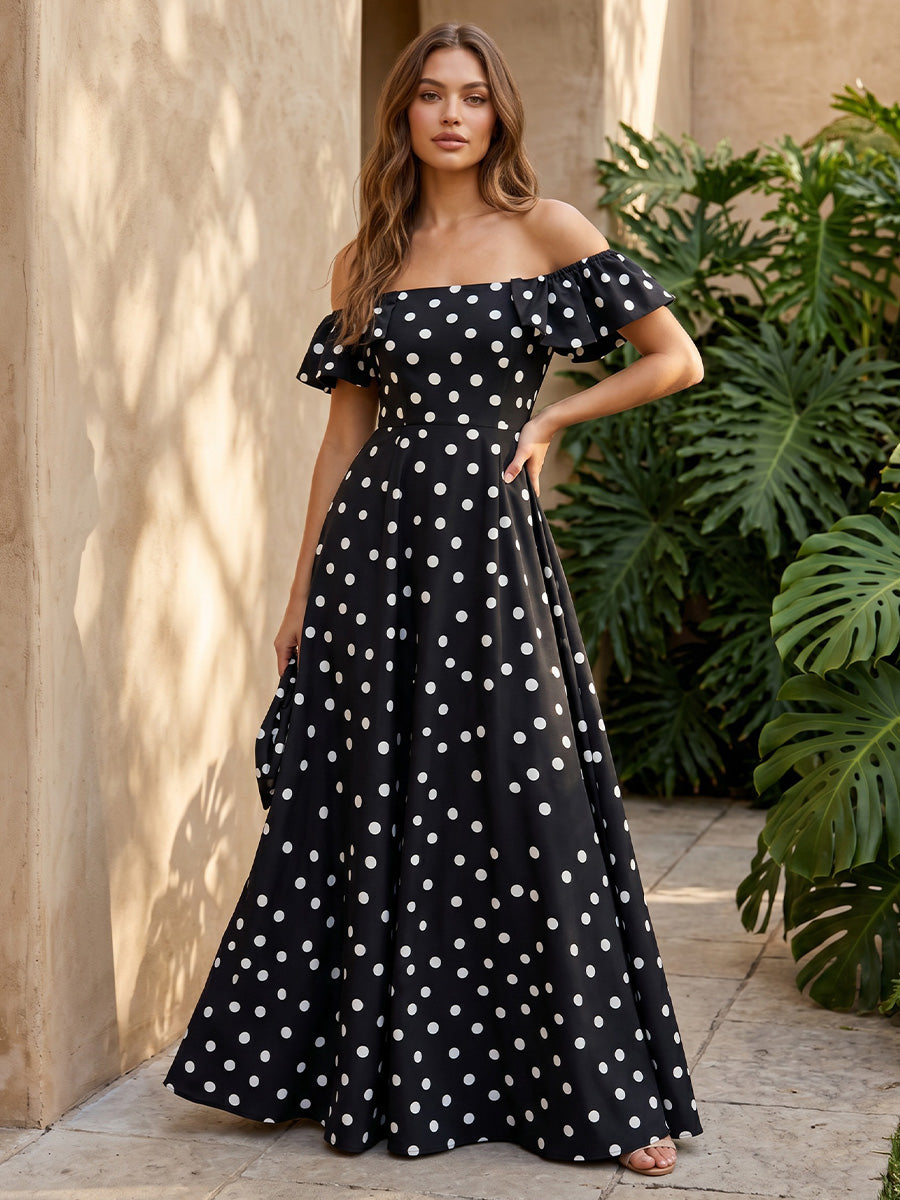 Satin A Line Off the Shoulder Ruffles Polka Dot Formal Dresses