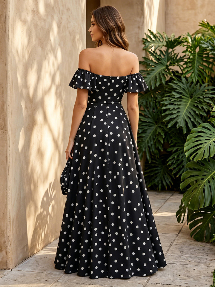 Satin A Line Off the Shoulder Ruffles Polka Dot Formal Dresses
