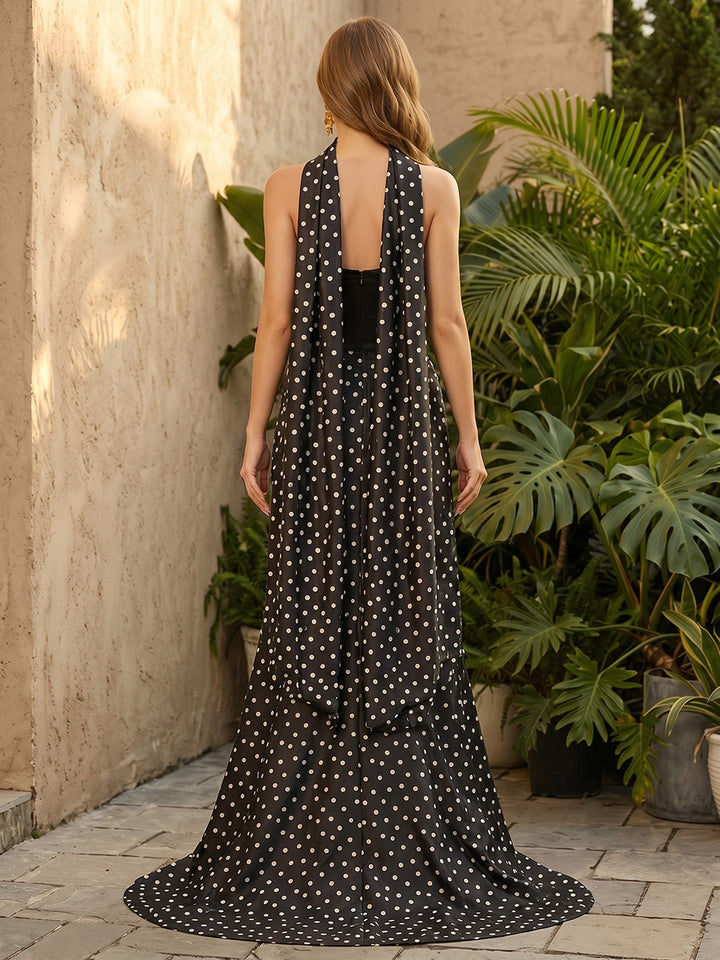 Chiffon A Line Strapless Corset Polka Dot Formal Dresses with Scarf
